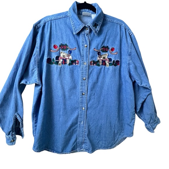 Bobbie Brooks Vintage Embroidered Christmas Bears Long Sleeve Button Up Size XL - Picture 1 of 12